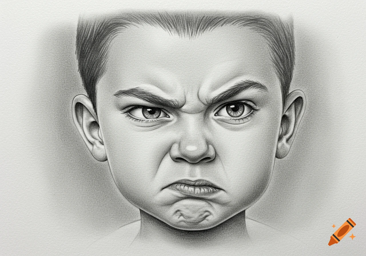 Black and white pencil drawing close-up of a young boy's face with an angry, sneering expression.