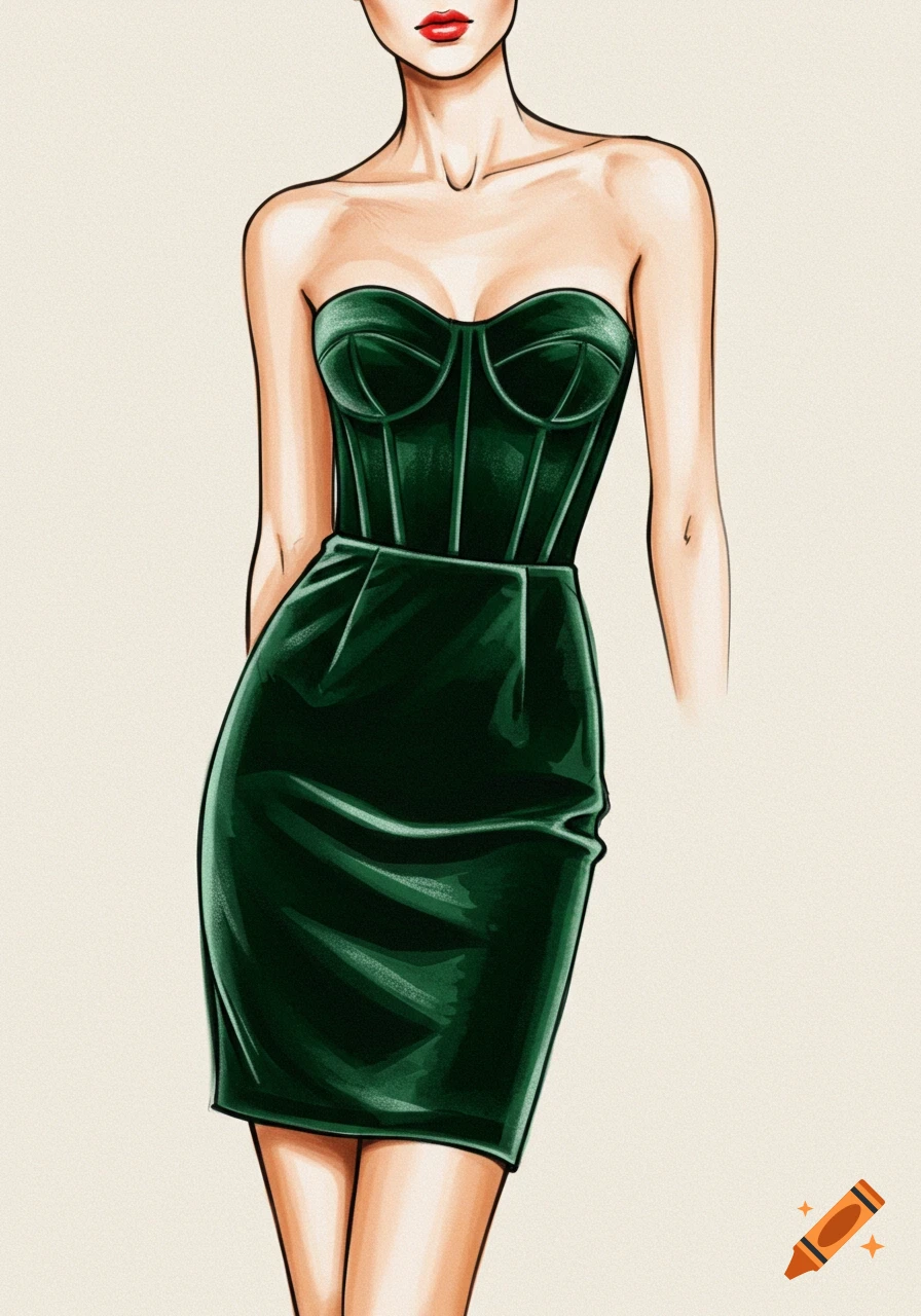 Fashion sketch of a woman wearing a dark green velvet strapless mini dress with a boned bodice.