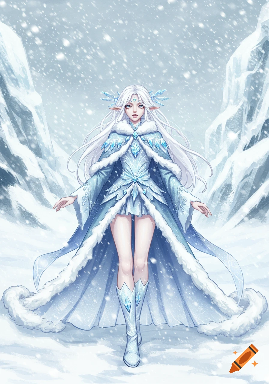 Anime illustration of a white-haired ice elf in a blue and white fur-trimmed winter outfit, standing in a snowy mountain landscape.