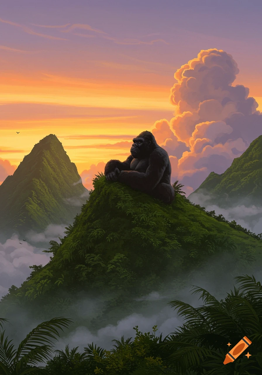 An illustrated gorilla sits on a lush mountain peak, watching a vibrant sunset with orange and purple clouds over misty mountains.