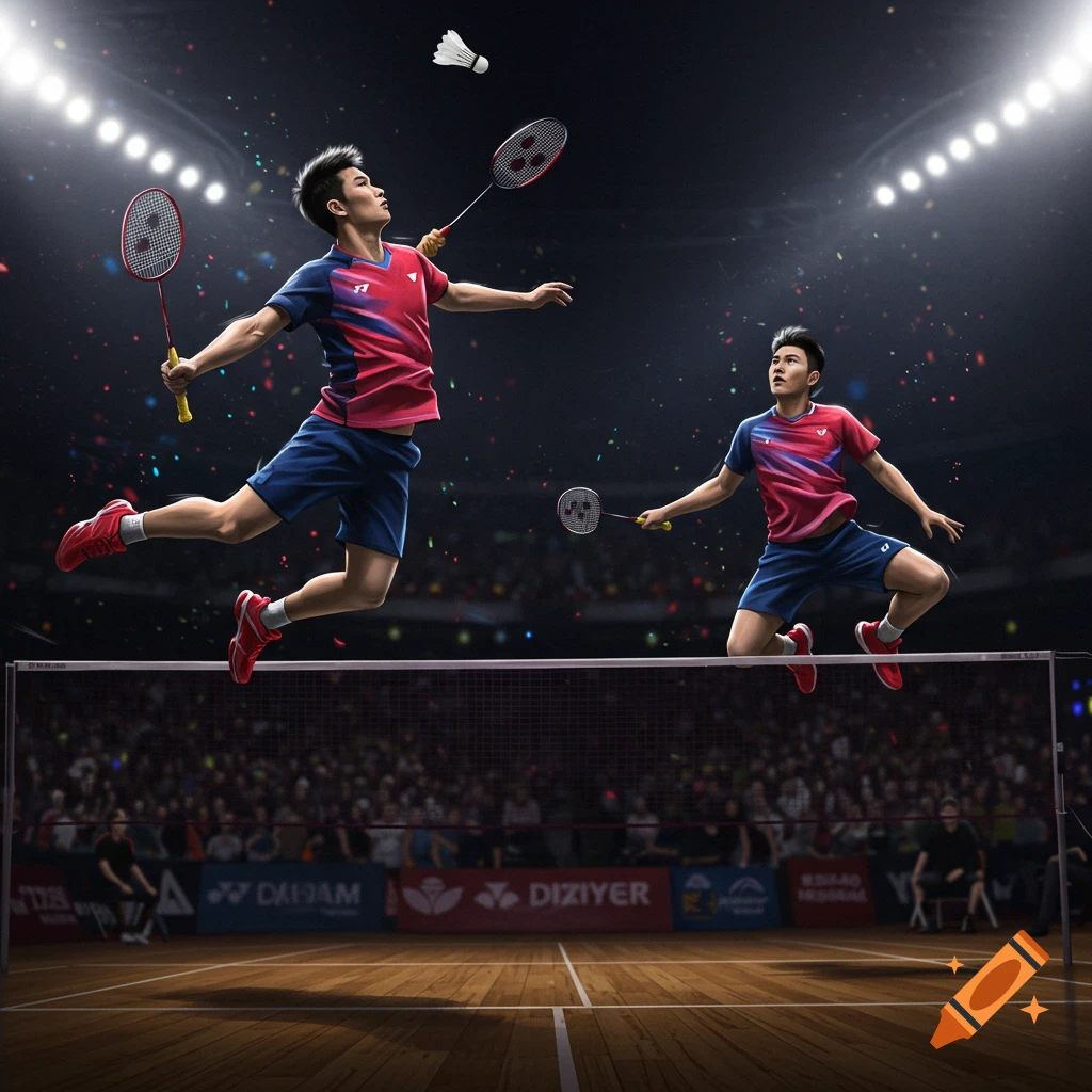 Two male badminton players jump mid-air over a net, hitting a shuttlecock in a brightly lit stadium with confetti falling.