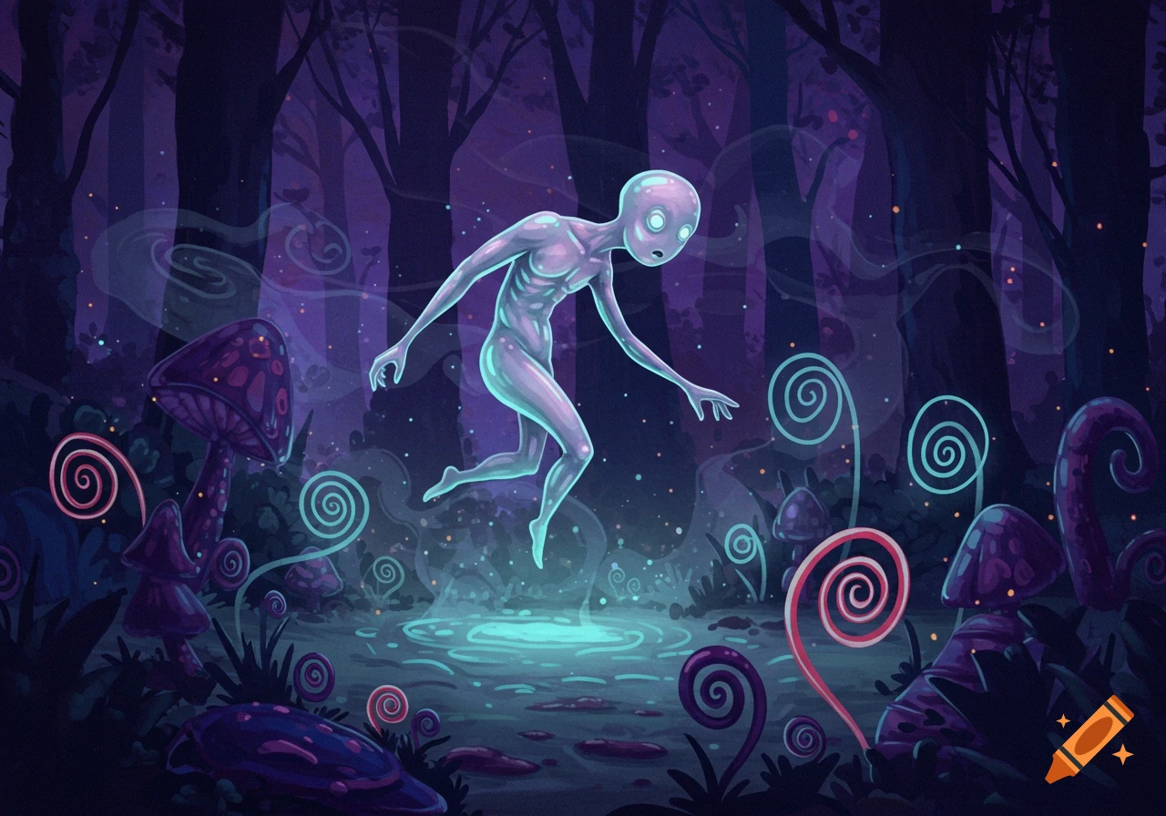 An ethereal pale humanoid creature glows while floating in a dark, mystical forest with purple mushrooms and swirling light.