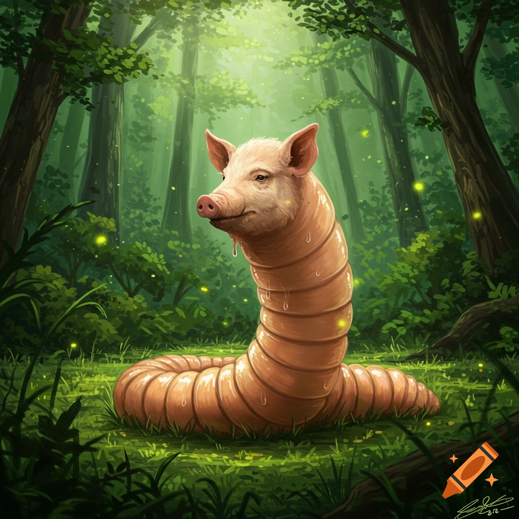 A bizarre creature with a pig's head and a segmented worm body sits in a lush, green forest with glowing fireflies. Digital art.
