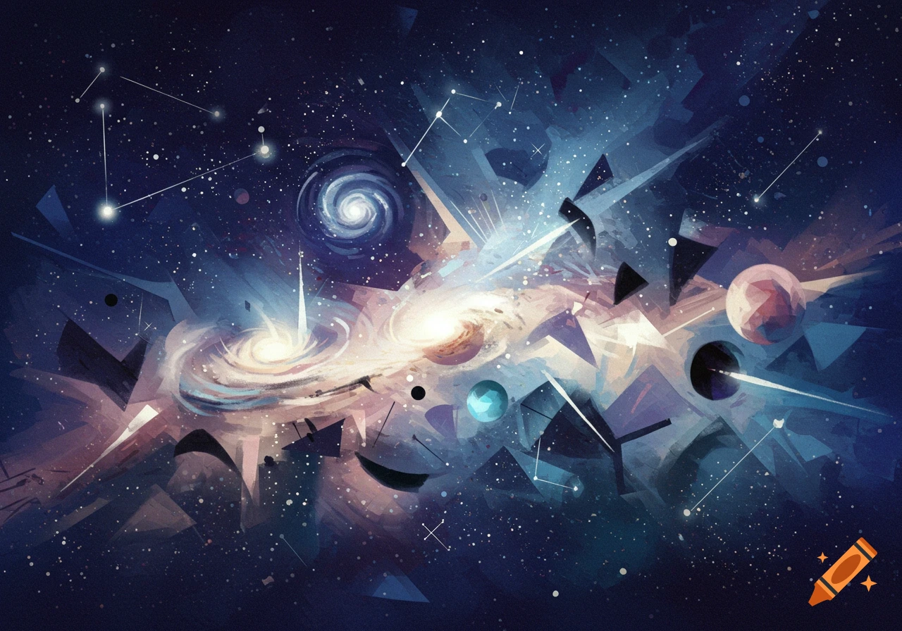 A vibrant, abstract painting of a galaxy and planets in deep space, featuring geometric shapes and constellations, in a style reminiscent of Picasso.