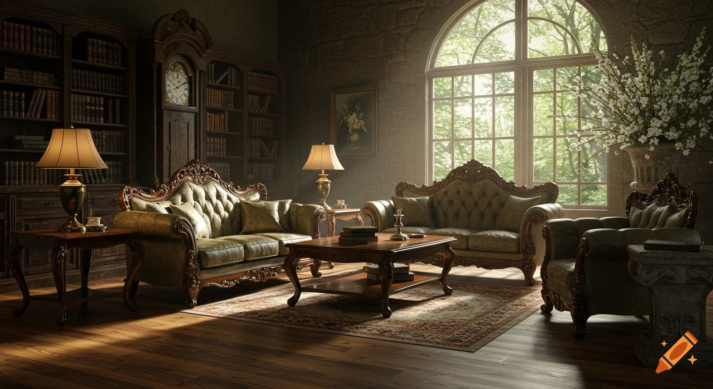 Photorealistic Victorian-style living room with green tufted sofas and chairs, bookshelves, a grandfather clock, and a large arched window overlooking a forest.