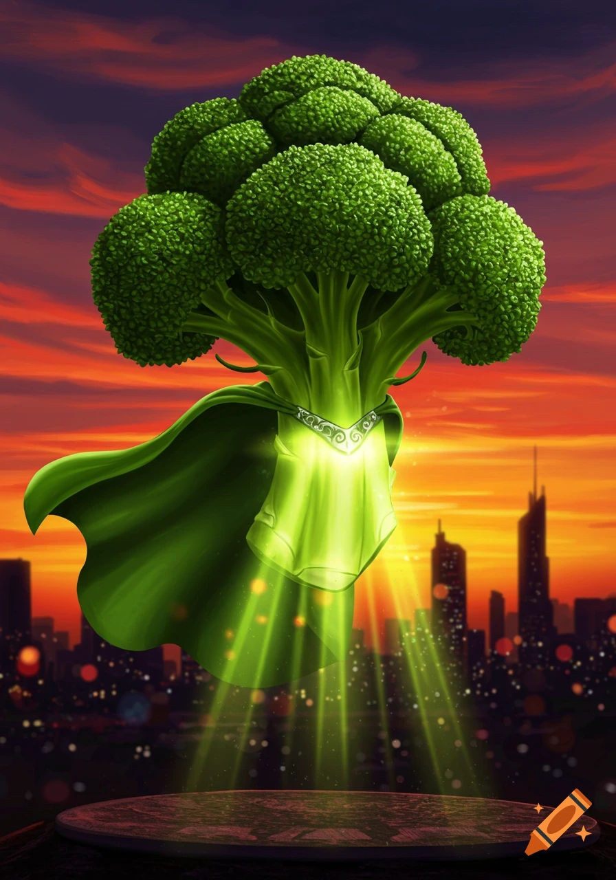 A broccoli superhero in a green cape flies over a city skyline at sunset, illuminated by green light rays.