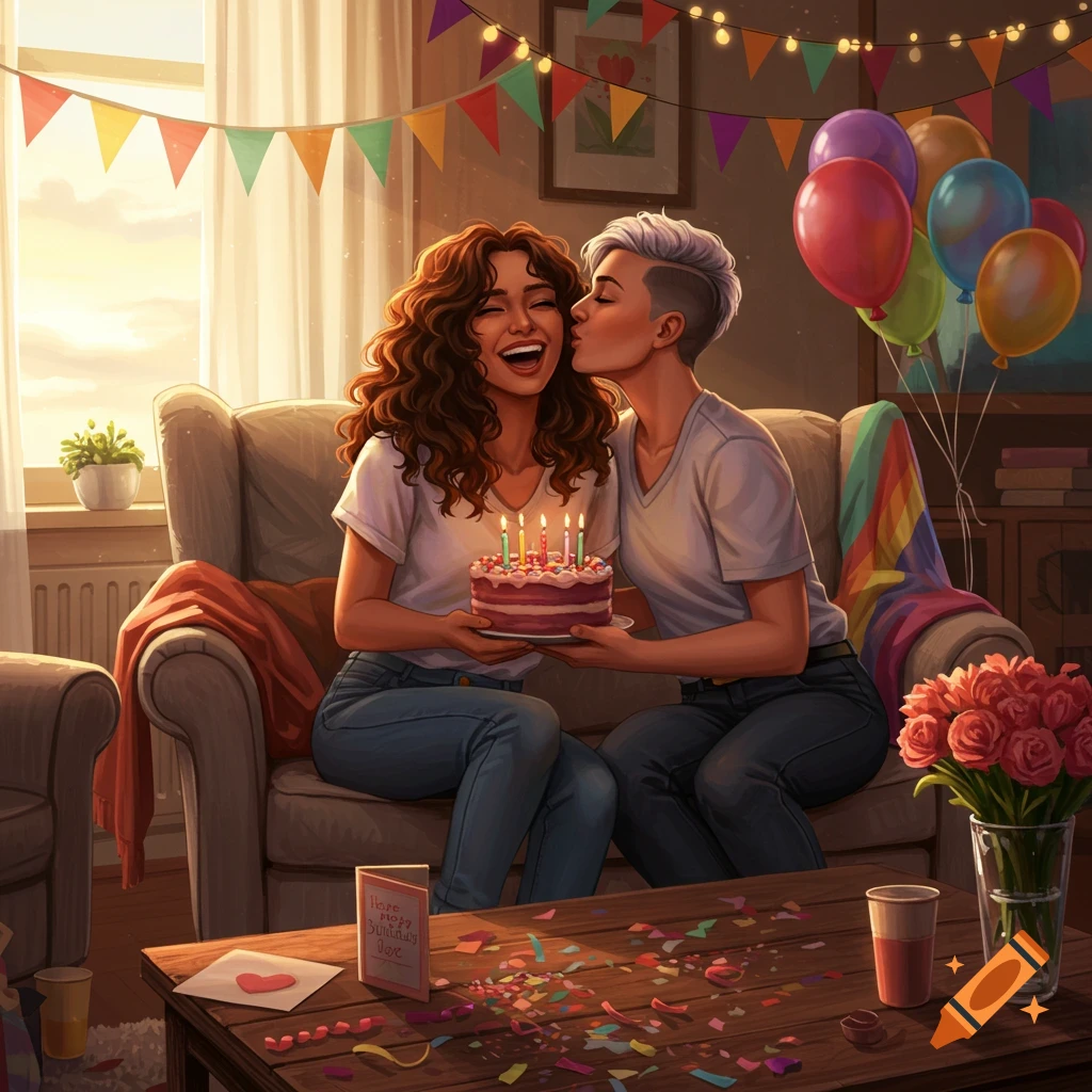 A smiling woman holding a birthday cake while another woman kisses her on the cheek in a decorated living room.