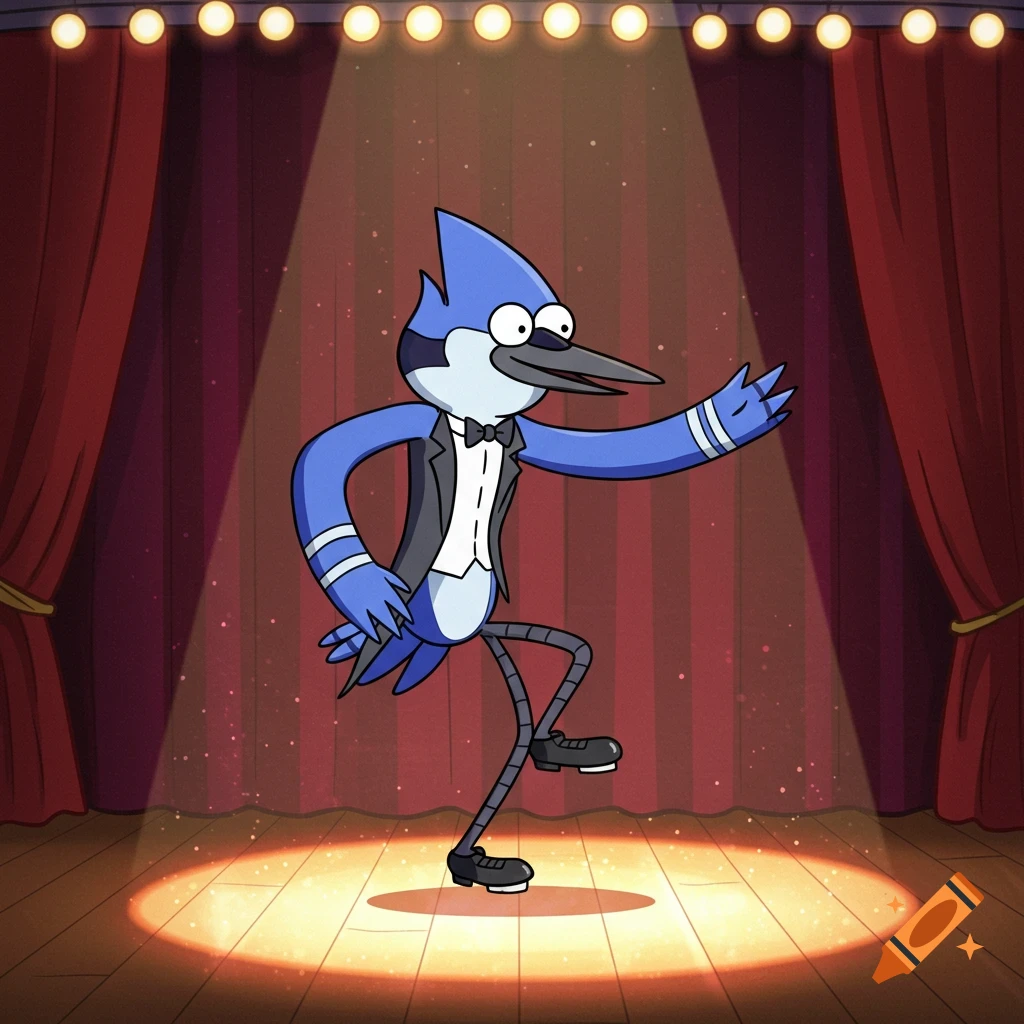 Mordecai from Regular Show, a blue jay, tap dancing in a tuxedo and black tap shoes on a spotlighted stage with red curtains.