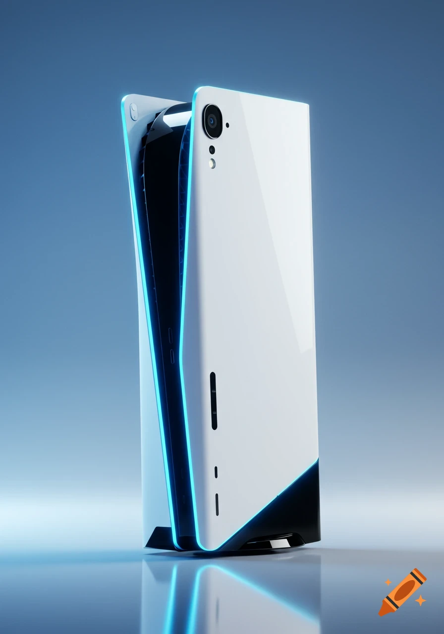 A photorealistic white PlayStation 5 and smartphone hybrid device with glowing blue accents on a reflective surface.