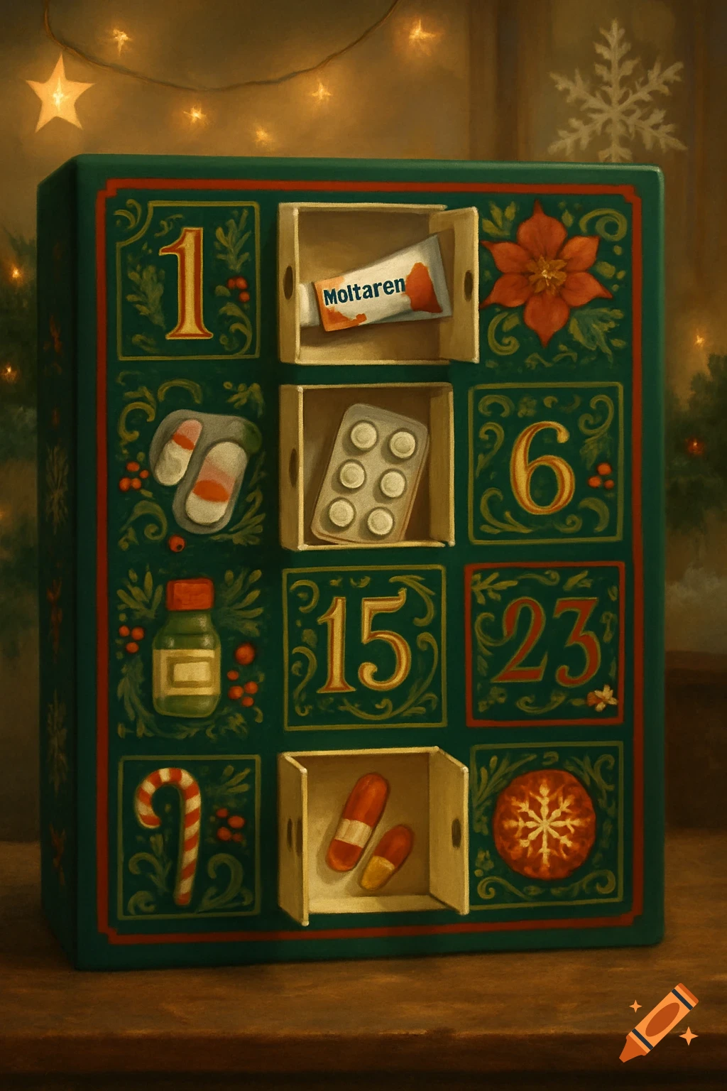 A festive advent calendar with green and red decorations, some doors open revealing various pills and a tube of "Moltaren" medication.