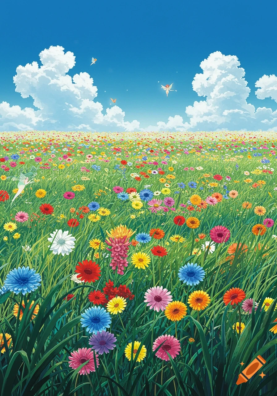 Vibrant anime landscape of a vast field filled with rainbow-colored flowers under a bright blue sky with fluffy clouds.