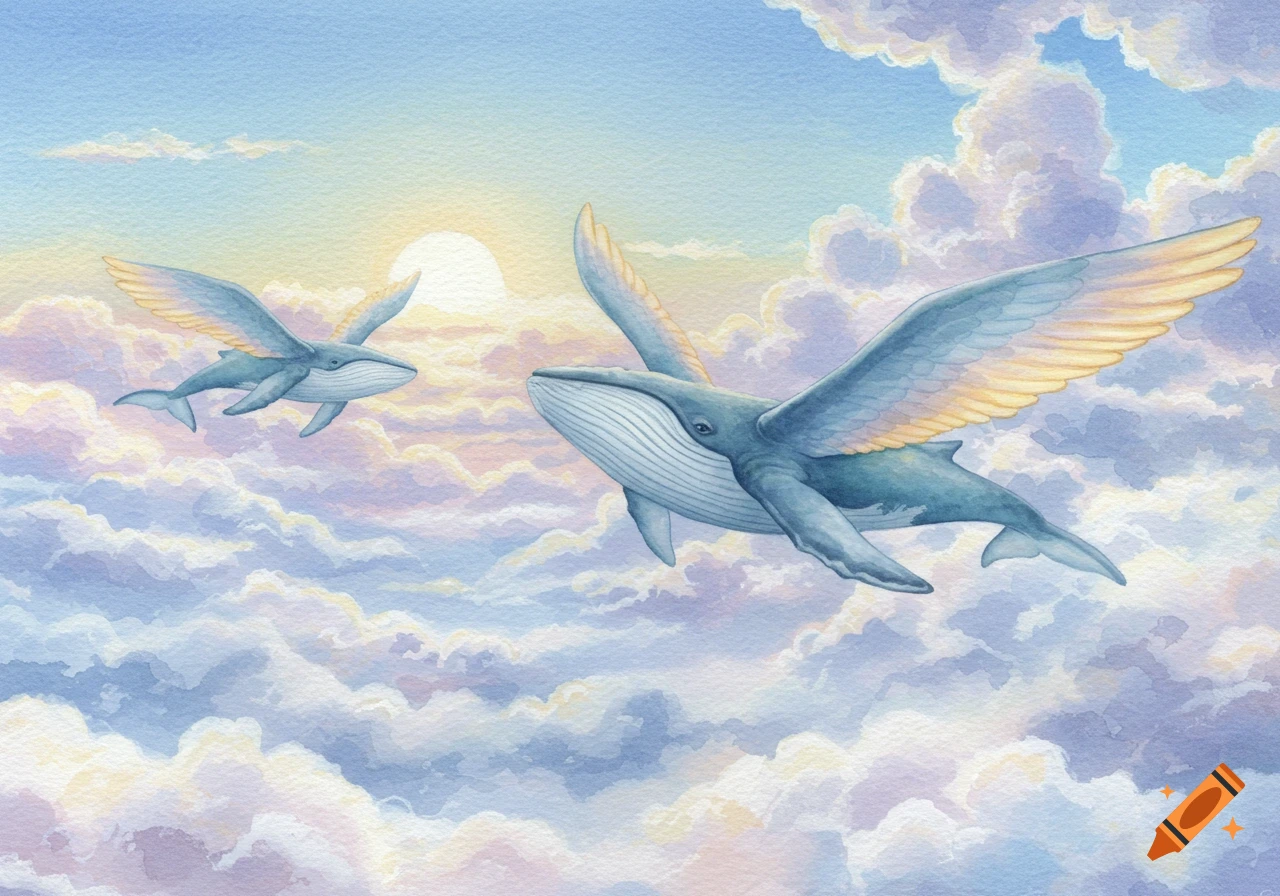 Two winged whales fly through a pastel watercolor sky filled with soft clouds and a bright sun.
