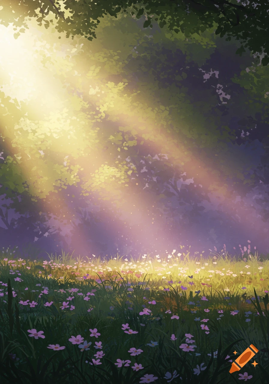 Sunlight streams through the canopy onto a forest floor covered in green grass and small pink and white flowers.