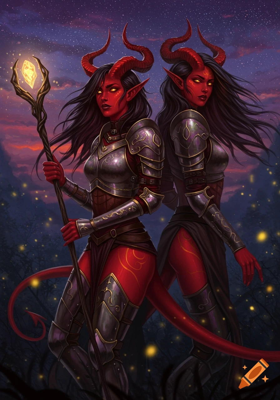 Two red-skinned Tiefling women in ornate fantasy armor, one holding a glowing staff, against a starry night sky with fireflies.