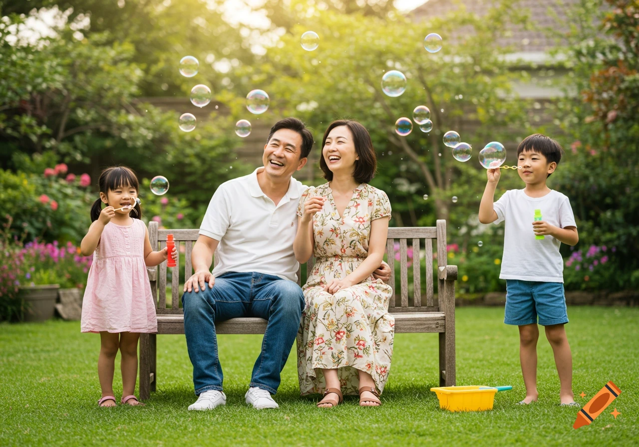 A happy Asian family sits on a bench in a sunny garden while two children blow bubbles. Photorealistic.