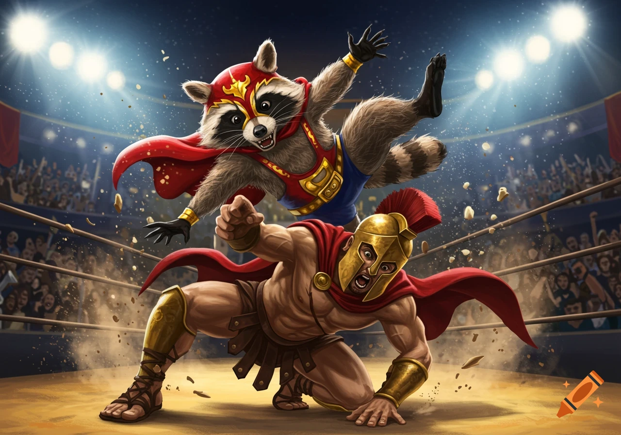 A muscular Spartan wrestler grimaces as a raccoon luchador in a red cape body slams him in a brightly lit ring.