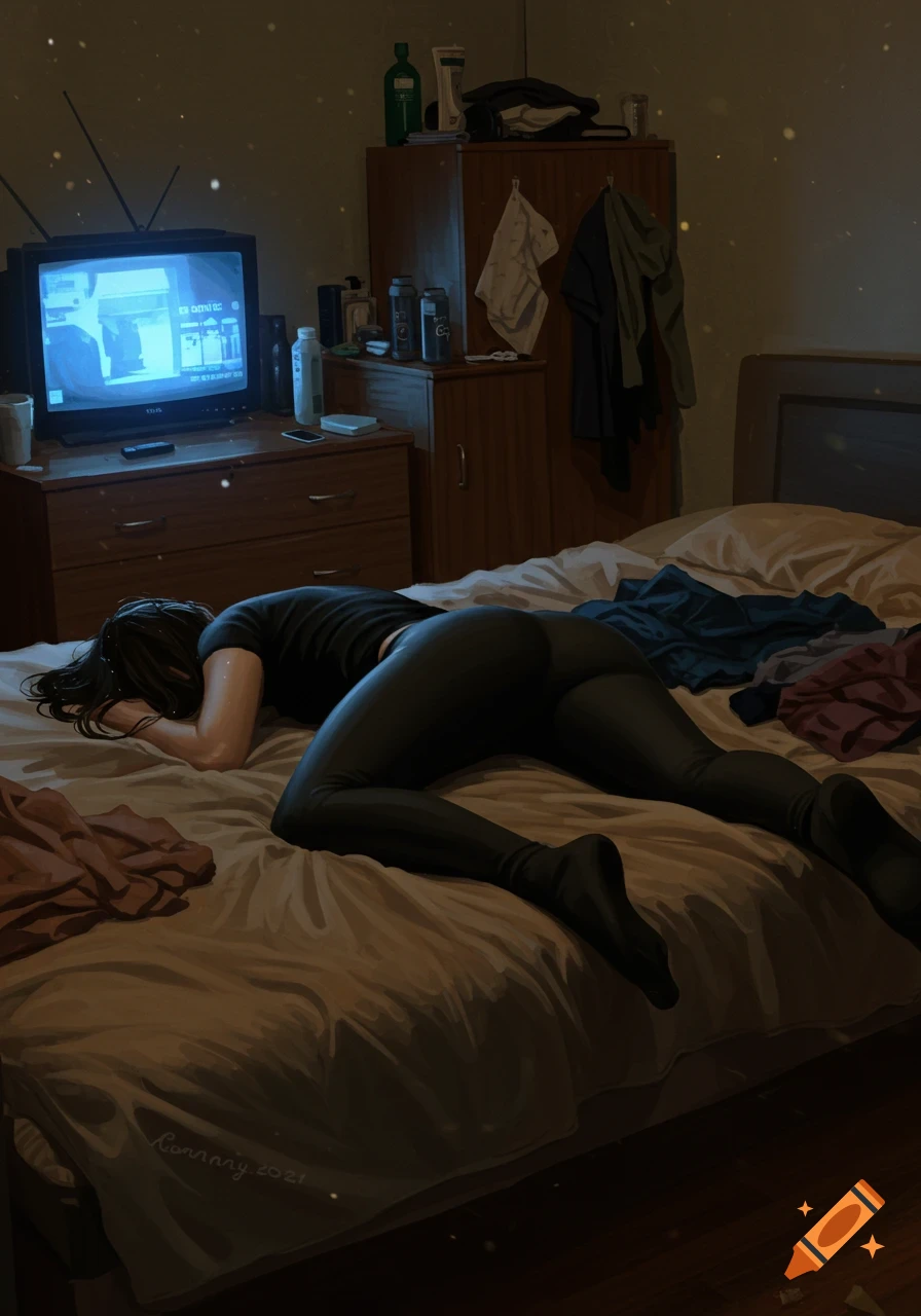 An illustration of a person lying face down on a bed in a dimly lit, cluttered bedroom, watching TV.