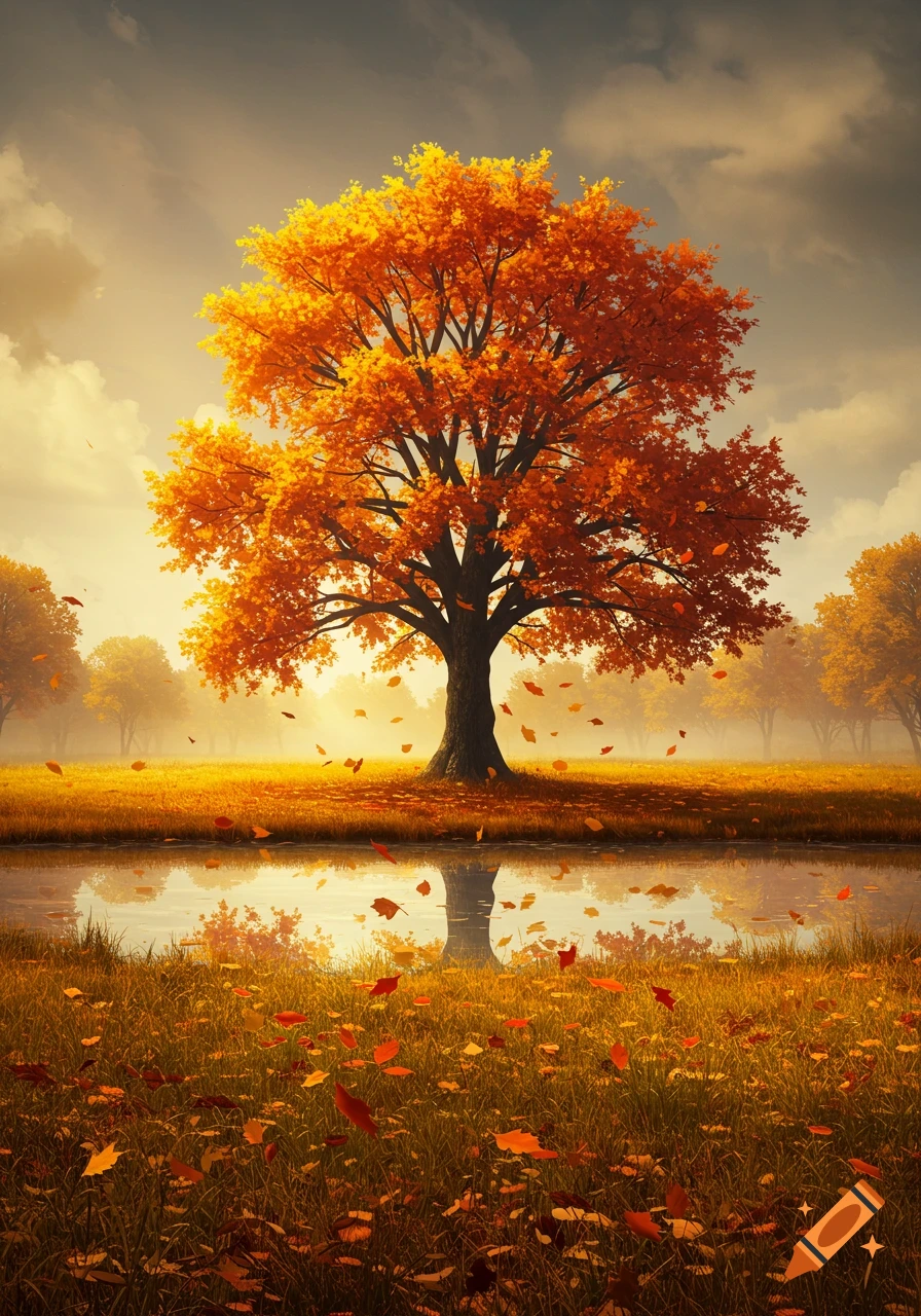 A vibrant orange autumn tree stands by a calm pond in a golden field with falling leaves and soft light.