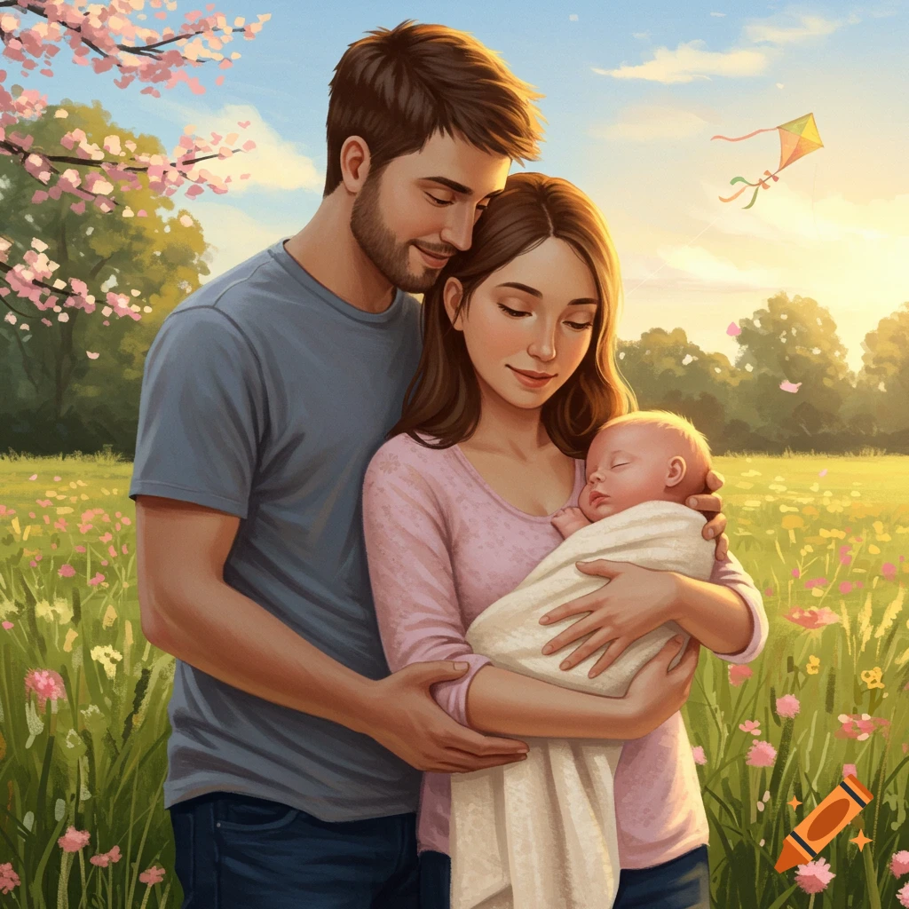 An illustration of a loving couple holding their baby in a sunlit field with flowers and a kite in the sky.