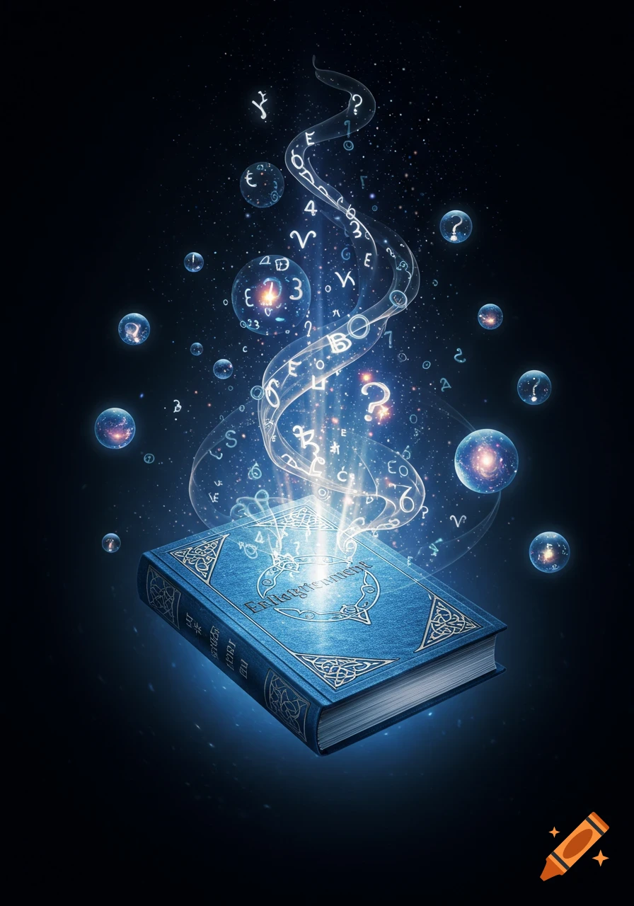 A glowing blue book titled "Enlightenment" emits a stream of light, letters, and symbols into a dark, starry sky with glowing orbs.