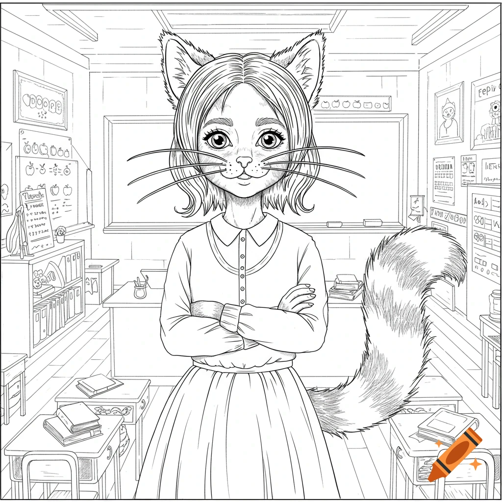 Black and white line drawing of a female elementary school teacher with a cat head, whiskers, and a bushy tail, standing with crossed arms in a classroom.