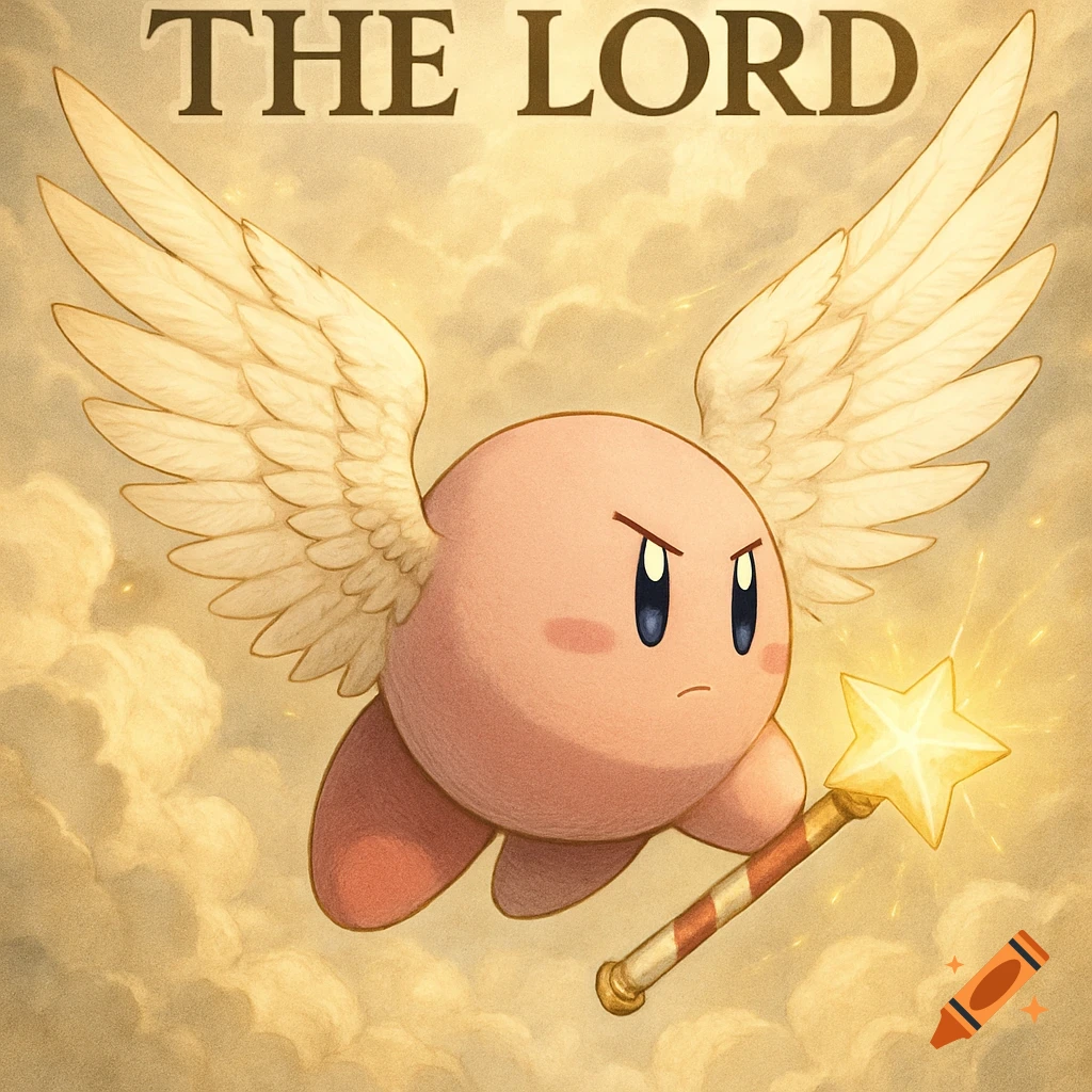 Winged Kirby with a determined expression, holding a glowing star rod, floats in a cloudy sky with 'THE LORD' text above him in an anime art style.