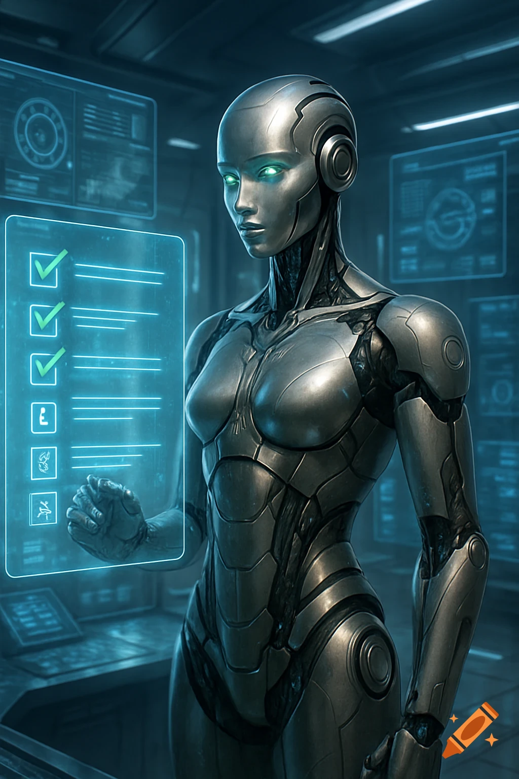 A photorealistic humanoid robot with glowing green eyes interacts with a holographic checklist in a futuristic control room.
