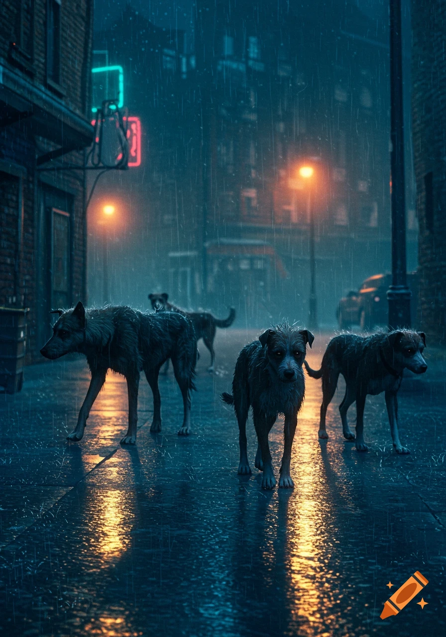 Four wet dogs walk on a dark, rainy city street at night, illuminated by streetlights and neon signs, with reflections on the wet ground.