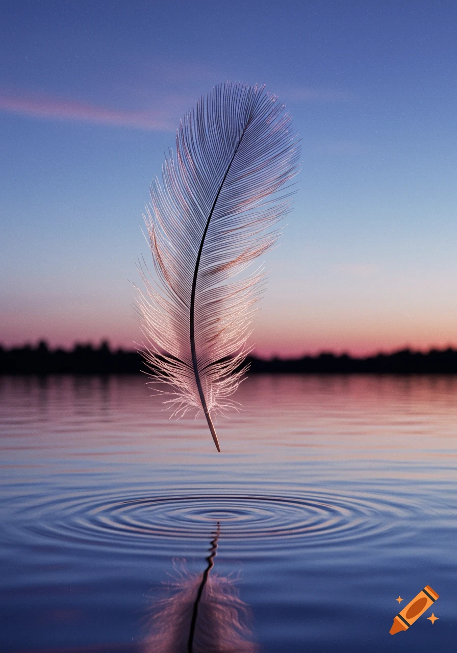 A delicate feather floats just above calm water, creating gentle ripples, with its reflection visible against a vibrant sunset sky.