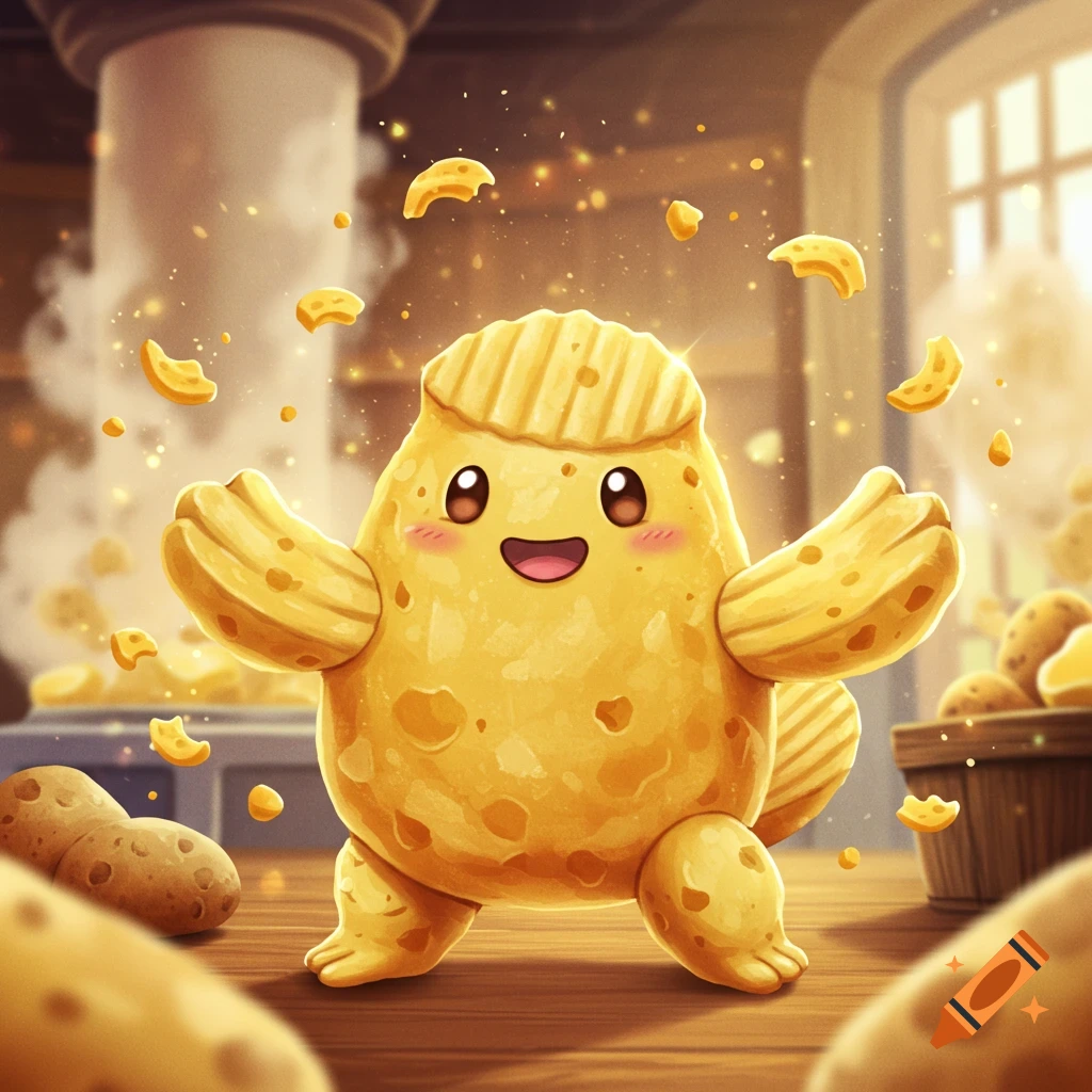 A cheerful, round potato chip creature with wavy hair-like ridges and small arms, standing in a kitchen with potato chips floating around it.