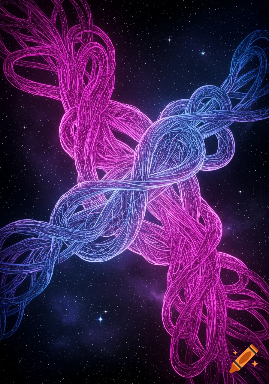 Abstract neon pink and blue glowing intertwined structures against a starry cosmic background.