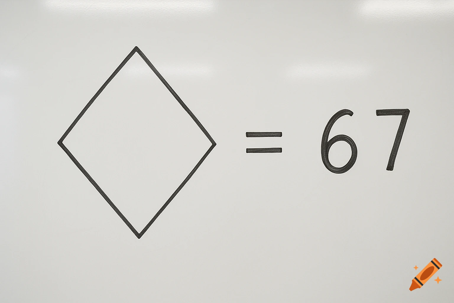 A whiteboard displays a black outline of a rhombus followed by an equals sign and the number 67.