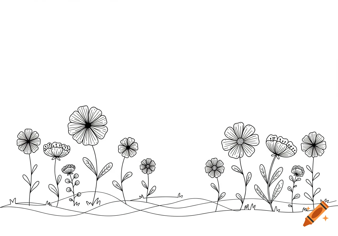 A black and white line drawing of various stylized flowers with leaves and stems growing from wavy ground lines.