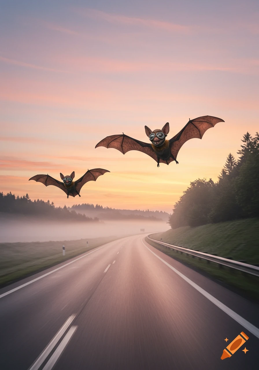 Two cartoon bats with goggles fly over a misty highway at sunrise, with a forest and mountains in the background.