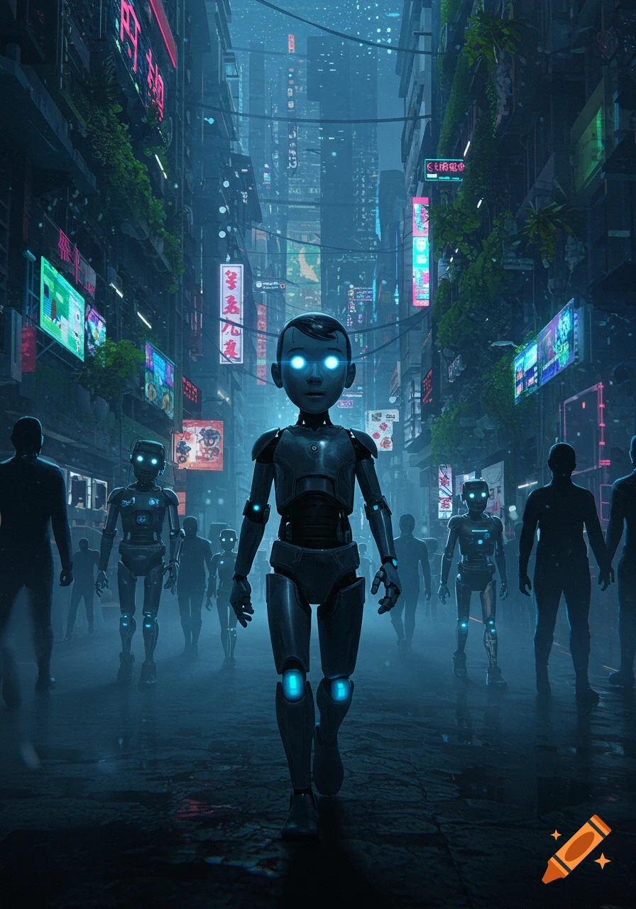 A blue-eyed robot boy walks down a dark, neon-lit cyberpunk city street, surrounded by other robots and silhouettes.