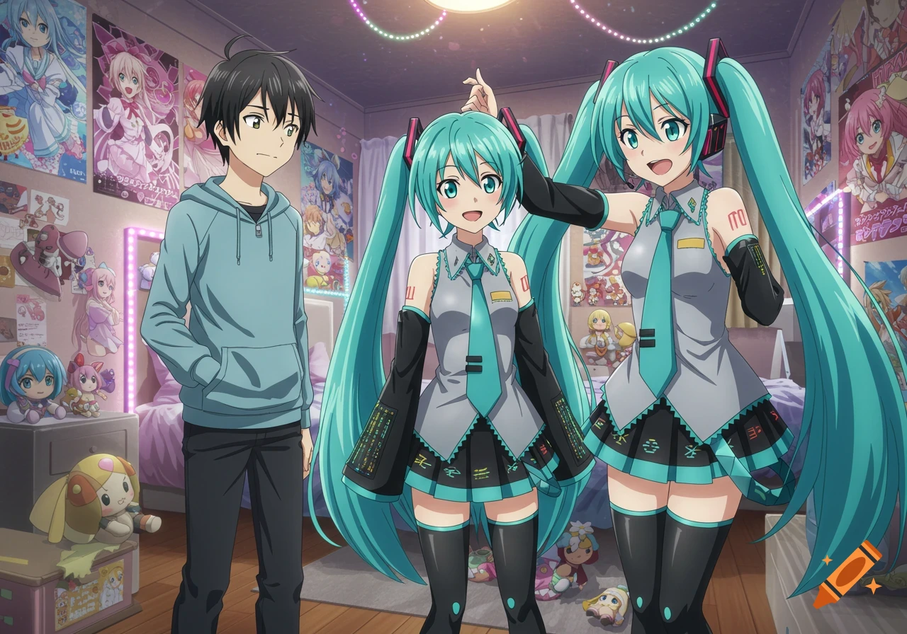 A boy in a light blue hoodie stands in an anime-style bedroom as two girls dressed as Hatsune Miku pose beside him. One Miku adjusts the other's hair.