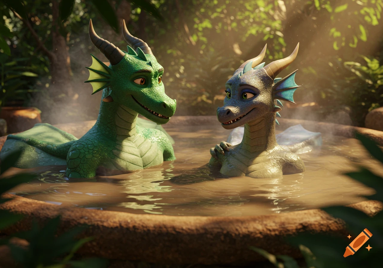 A green dragon and a blue-grey dragon happily relax in a steaming mud hot tub amidst lush jungle foliage.