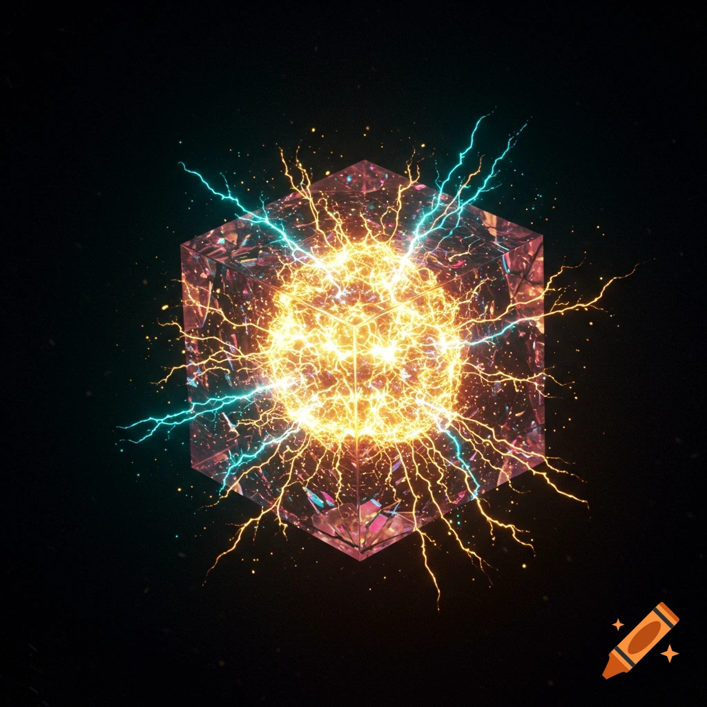 A glowing, translucent cube emitting bright orange sparks and blue electrical arcs from its center against a dark background.