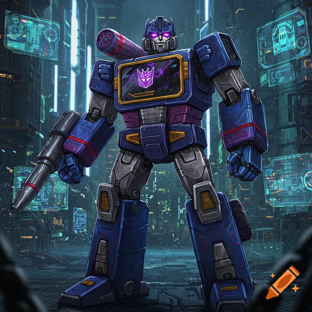 Soundwave Transformer robot stands in a futuristic cyberpunk city, holding a blaster, with glowing purple eyes and Decepticon logo.