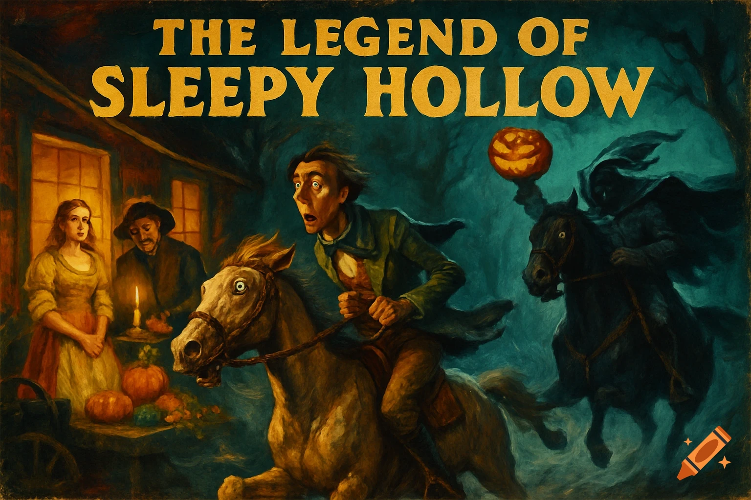 Vintage pulp art of Ichabod Crane fleeing the Headless Horseman with a pumpkin head, as Katrina and Baltus stand by their farmhouse.
