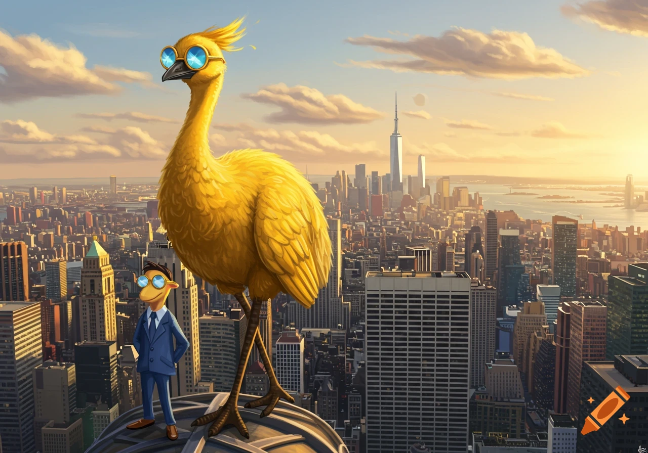 A giant yellow cartoon emu in goggles and a small man in a suit stand on a skyscraper overlooking a vast city at sunset.