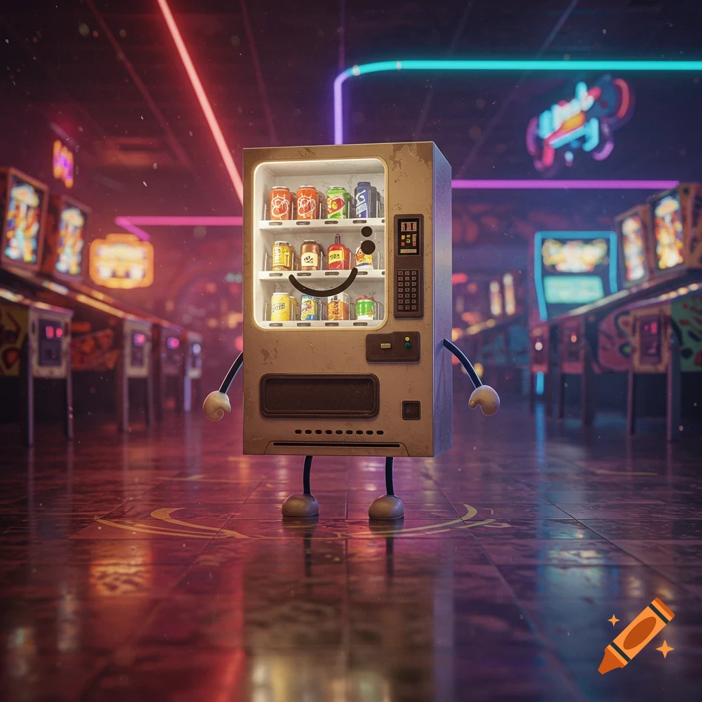 A stylized vending machine character with stick arms and legs and a smiley face stands in a neon-lit retro arcade.
