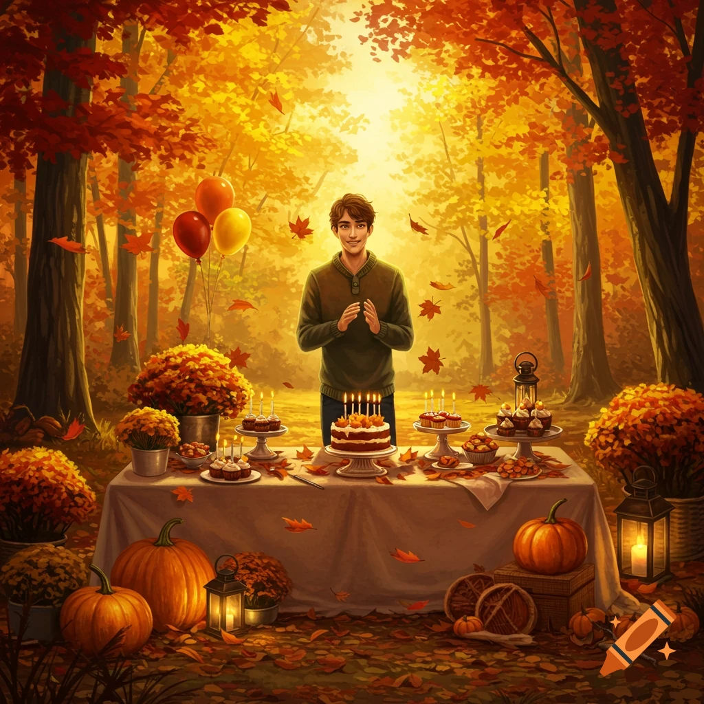 A man stands behind a table laden with a birthday cake, cupcakes, and pumpkins in a vibrant autumn forest with falling leaves and balloons.