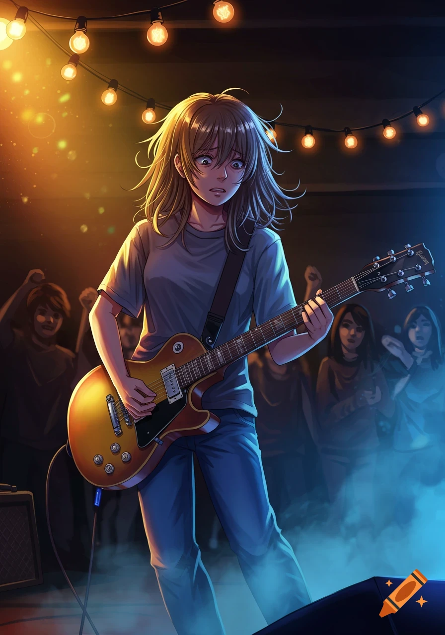 An anime girl with a distressed expression plays an electric guitar on a brightly lit stage with an audience.