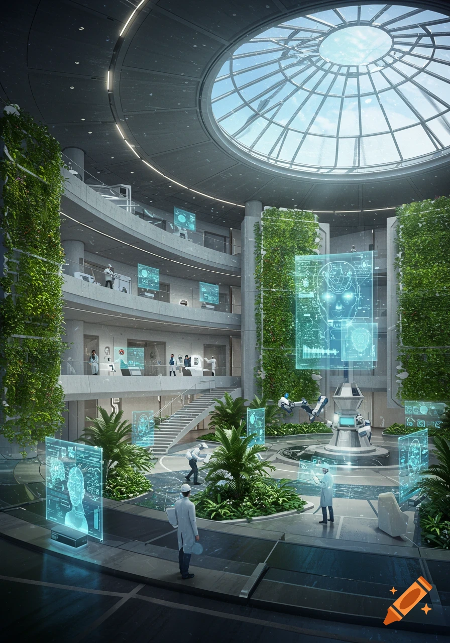 A grand futuristic multi-story atrium with lush vertical gardens, a glass dome ceiling, and scientists interacting with glowing holographic displays showing brain scans and data.