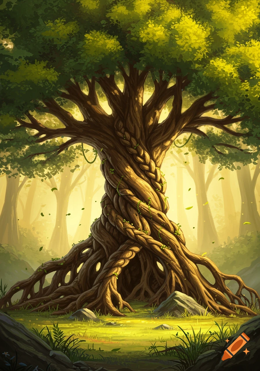 A majestic, intricately braided fantasy tree with glowing golden light filtering through its lush canopy in an enchanted forest.