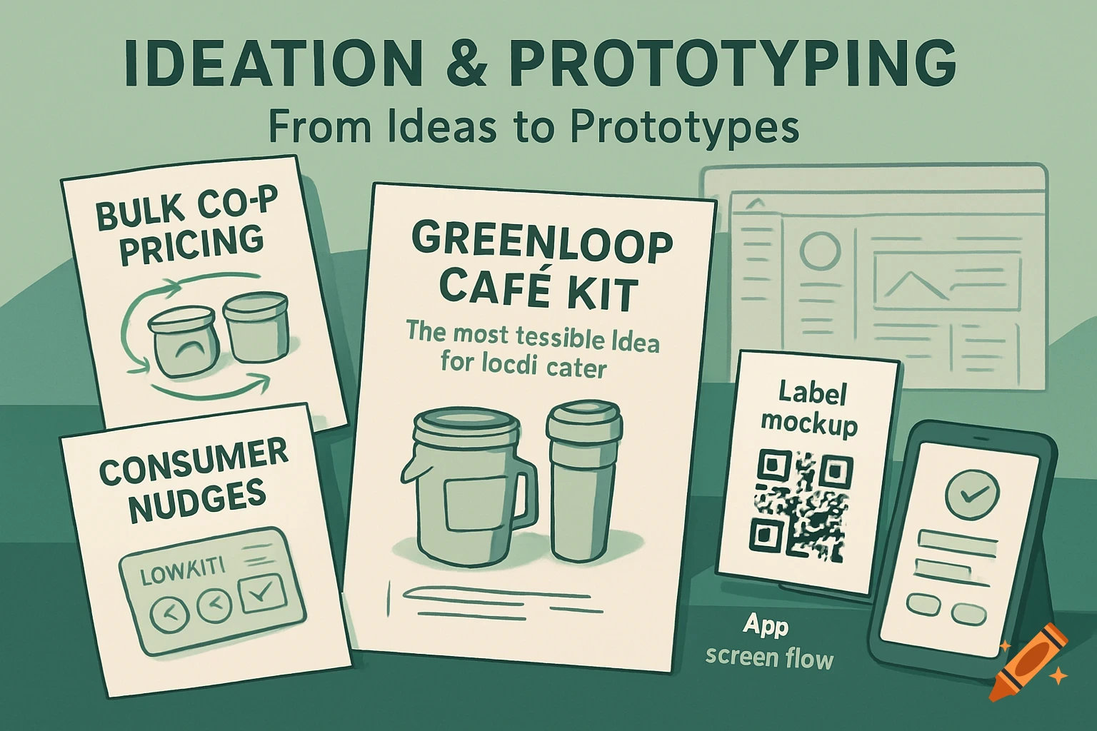 An illustration depicting various business ideation and prototyping elements, including cards for pricing, consumer nudges, and a 'GreenLoop Caf\u00e9 Kit', alongside a website and phone screen mockups. The title reads 'IDEATION & PROTOTYPING From Ideas to Prototypes'.