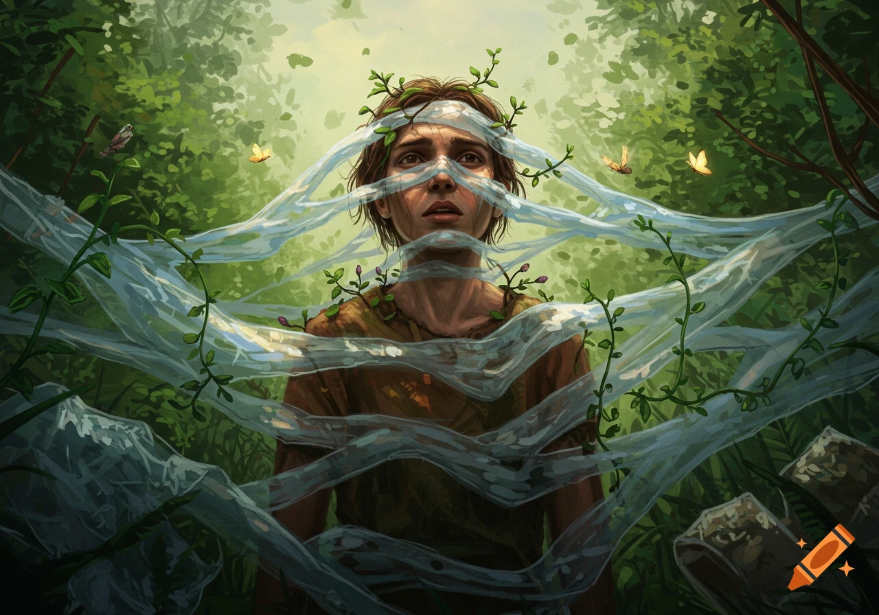 Digital painting of a worried person entangled in plastic and green vines in a lush forest.