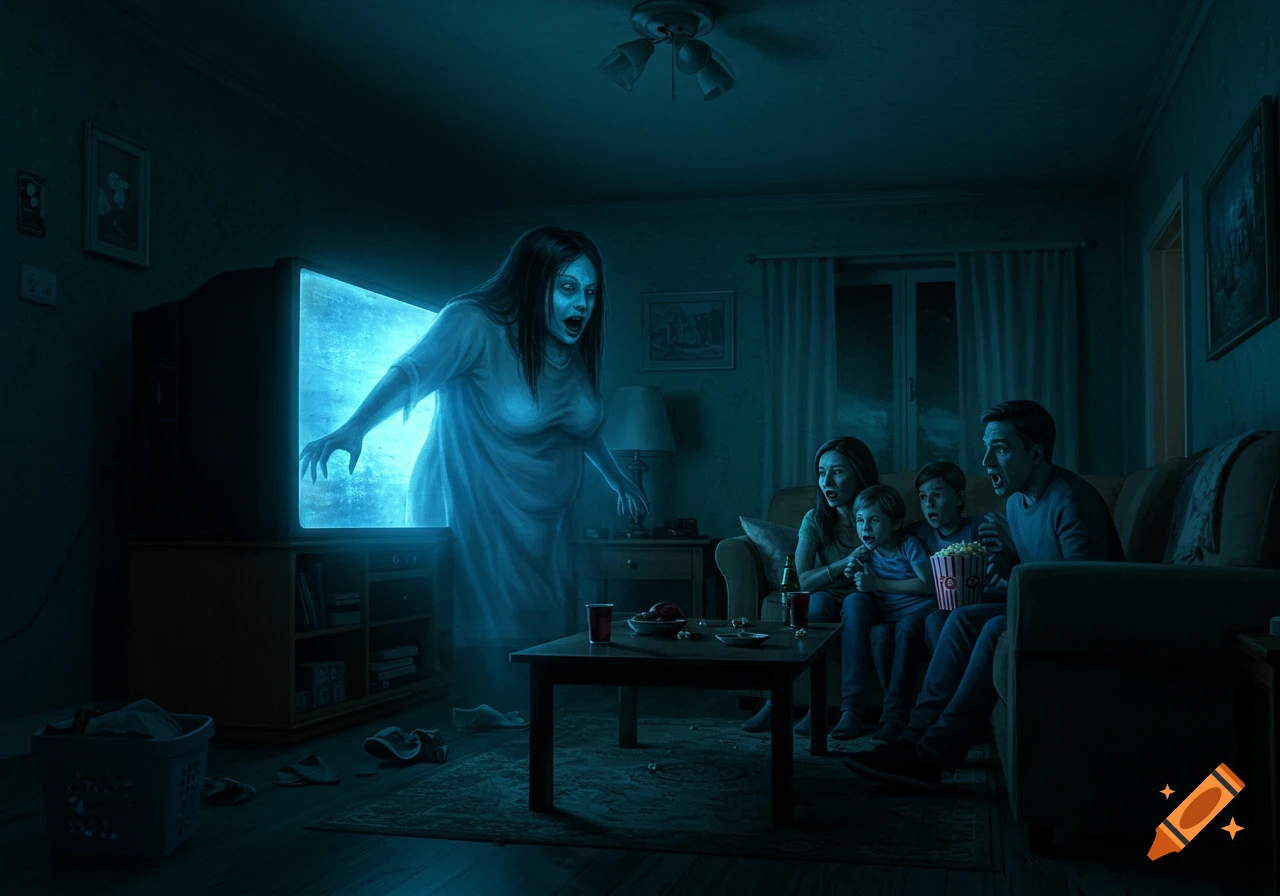A terrified family screams as a pale ghost with long dark hair emerges from their TV screen in a dimly lit living room.