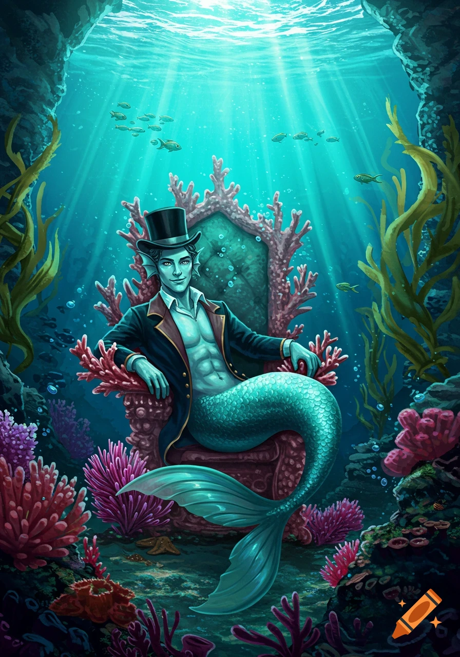 Illustration of a dapper merman with a top hat and suit jacket, seated on a coral throne in a vibrant underwater scene.